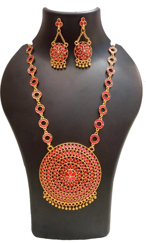 Assamese_Traditional_Gold_Plated_Red_Colour_Japi_Chain_Jewellery_Set_For_Women